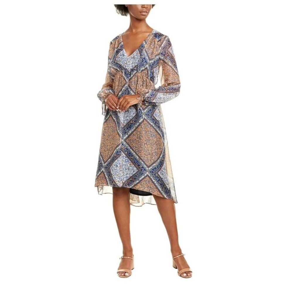 NWOT Just Taylor Navy Patterned Chiffon Cuffed Sleeve V Neck Midi Hi-Lo Dress 10